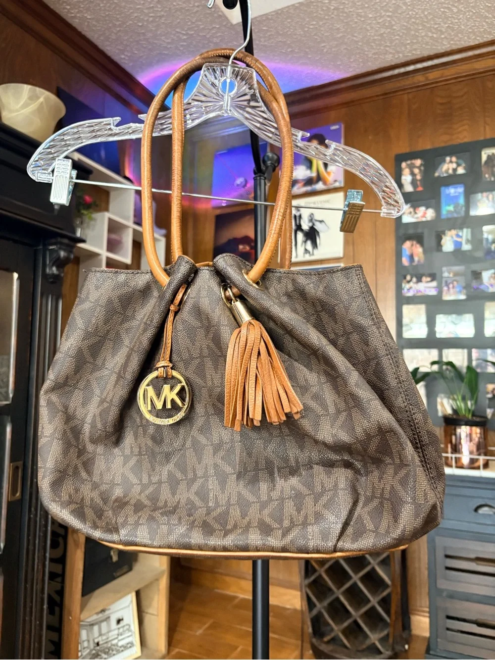 Michael Kors Brown Monogram Drawstring Tote with Tassel Bucket Purse